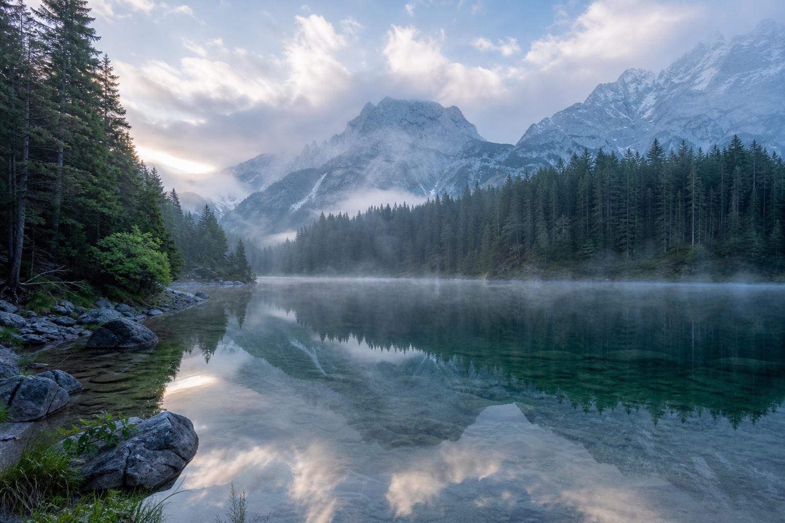 Alpiner See im Morgennebel